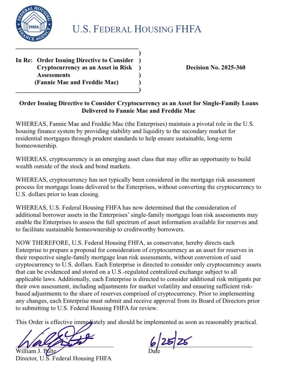 William J. Pulte, Directorul Agenției Federale pentru Finanțarea Locuințelor (FHFA), a anunțat că crypto va fi luat în considerare ca activ pentru ipoteci.

Documentul menționează crypto ca o clasă de active emergentă, care poate oferi o oportunitate de construire a averii.