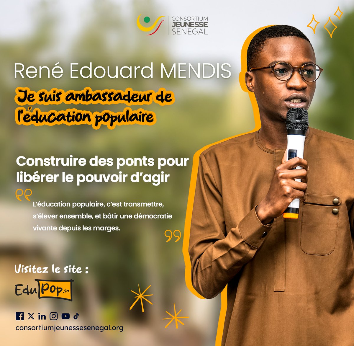 Consortium Jeunesse Sénégal (@cjssenegal) on Twitter photo À LA RENCONTRE DES AMBASSADEURS DE L’ÉDUCATION POPULAIRE !
Aujourd’hui, focus 🎯 sur René Edouard Mendis.
Coordonnateur régional à <a href="/ChangeFactors/">Social Change Factory</a>, <a href="/mendisrene/">Edouard Mendis</a> conçoit des programmes innovants en Afrique de l’Ouest pour renforcer la participation des jeunes, l’inclusion sociale À LA RENCONTRE DES AMBASSADEURS DE L’ÉDUCATION POPULAIRE !
Aujourd’hui, focus 🎯 sur René Edouard Mendis.
Coordonnateur régional à <a href="/ChangeFactors/">Social Change Factory</a>, <a href="/mendisrene/">Edouard Mendis</a> conçoit des programmes innovants en Afrique de l’Ouest pour renforcer la participation des jeunes, l’inclusion sociale