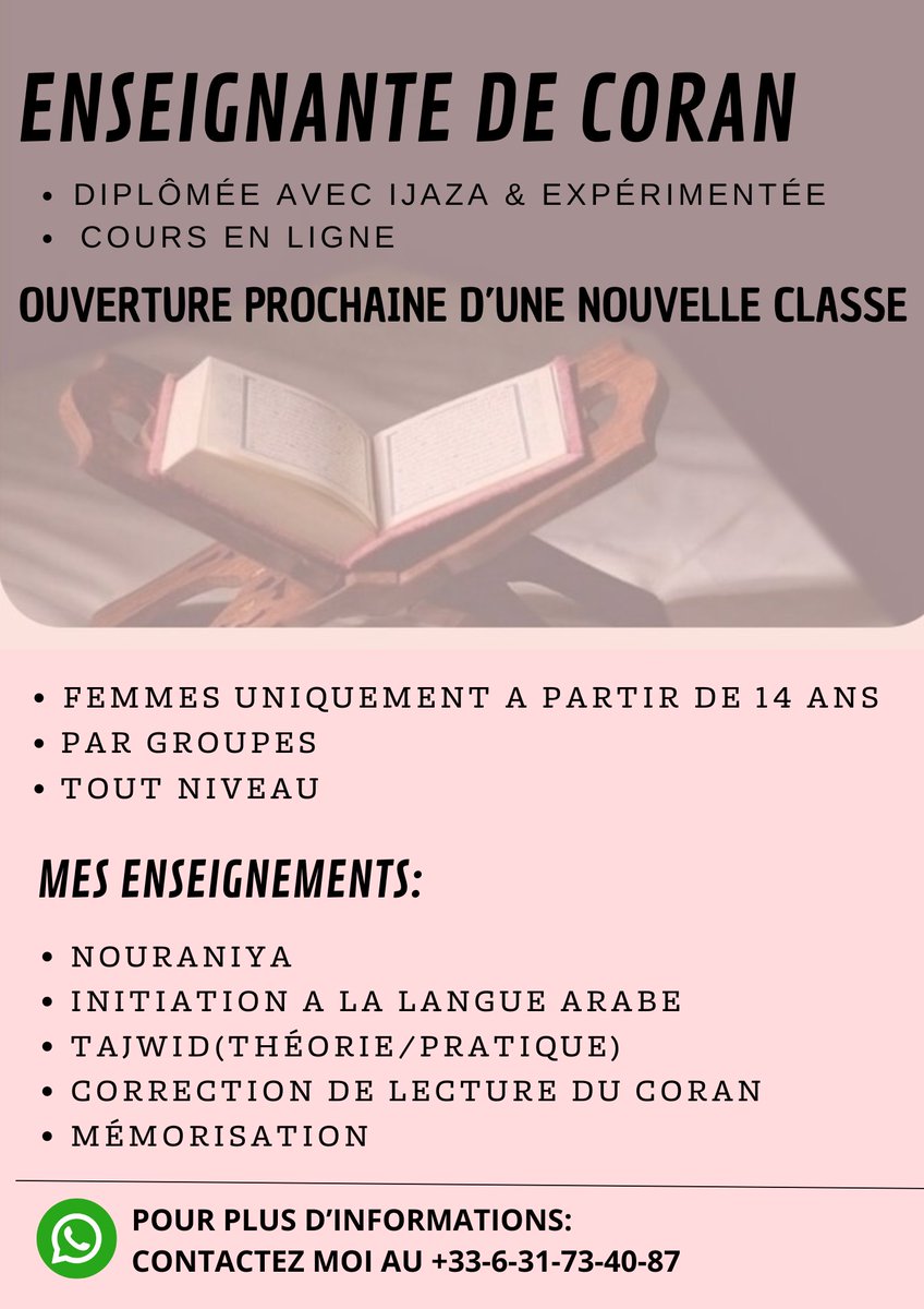usersmks's tweet photo. 🛑Ma mere est a la recherche d'eleves serieuses, motivées et qui savent tenir leur engagement pour leur enseigner la lecture du coran, les regles de tajwid, la nouraniya et la memorisation: 

‼️RT JAZAAKOUM ALLAHOU KHAYRAN https://t.co/aHzKaMjBbi