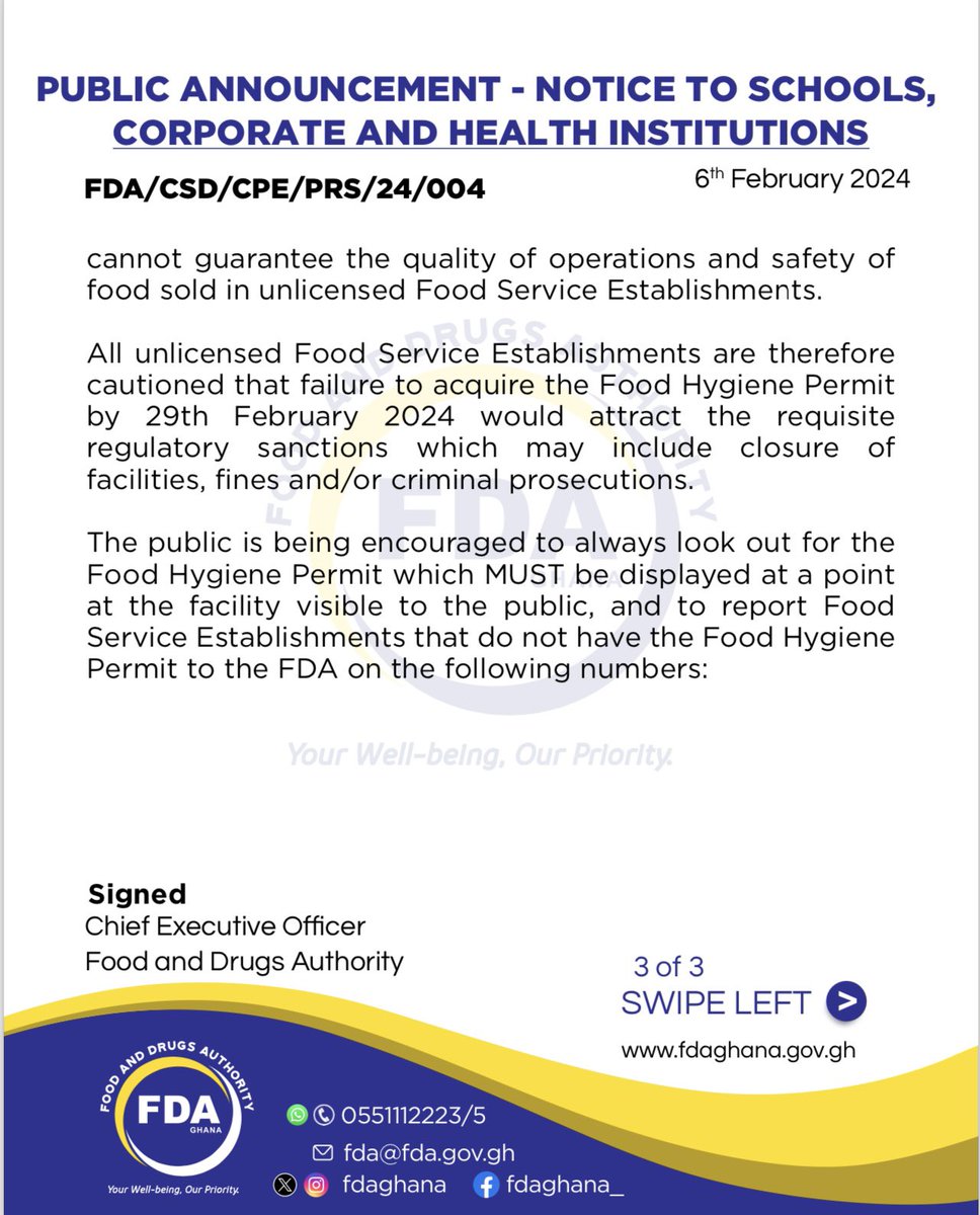 📢 Reminder: All food service providers must have a valid FDA Food Hygiene Permit. Let us keep our food safe and protect public health

#FDAGhana
#FoodSafety 
#PublicNotice