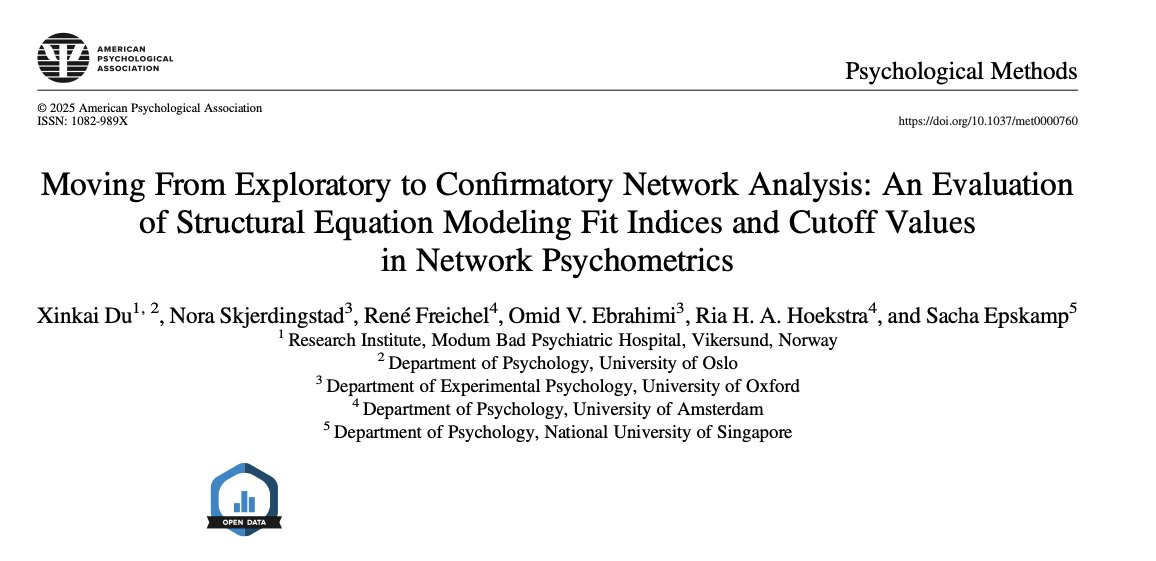 Omid V. Ebrahimi (@omidvebrahimi) on Twitter photo 📜⚡️ Our new paper assessing Fit Measures for Confirmatory Network Models is now out in Psychological Methods:
Most conventional SEM cut-offs (e.g. for RMSEA) generalise well for confirmatory network modelling.
psycnet.apa.org/doiLanding?doi…
<a href="/APA/">American Psychological Association</a> 📜⚡️ Our new paper assessing Fit Measures for Confirmatory Network Models is now out in Psychological Methods:
Most conventional SEM cut-offs (e.g. for RMSEA) generalise well for confirmatory network modelling.
psycnet.apa.org/doiLanding?doi…
<a href="/APA/">American Psychological Association</a>