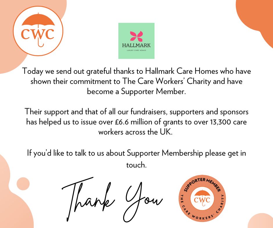 CareWorkersFund's tweet image. 💜 Thank You Hallmark Care Homes! 💜

We’re sending warm thanks to Melody Care for becoming a Supporter Member with The Care Workers’ Charity!

➡️ Become a supporter today: 
buff.ly/6u9ZCxb

#MelodyCare #SupporterMember #CareSectorSupport #CWC #ThankYou