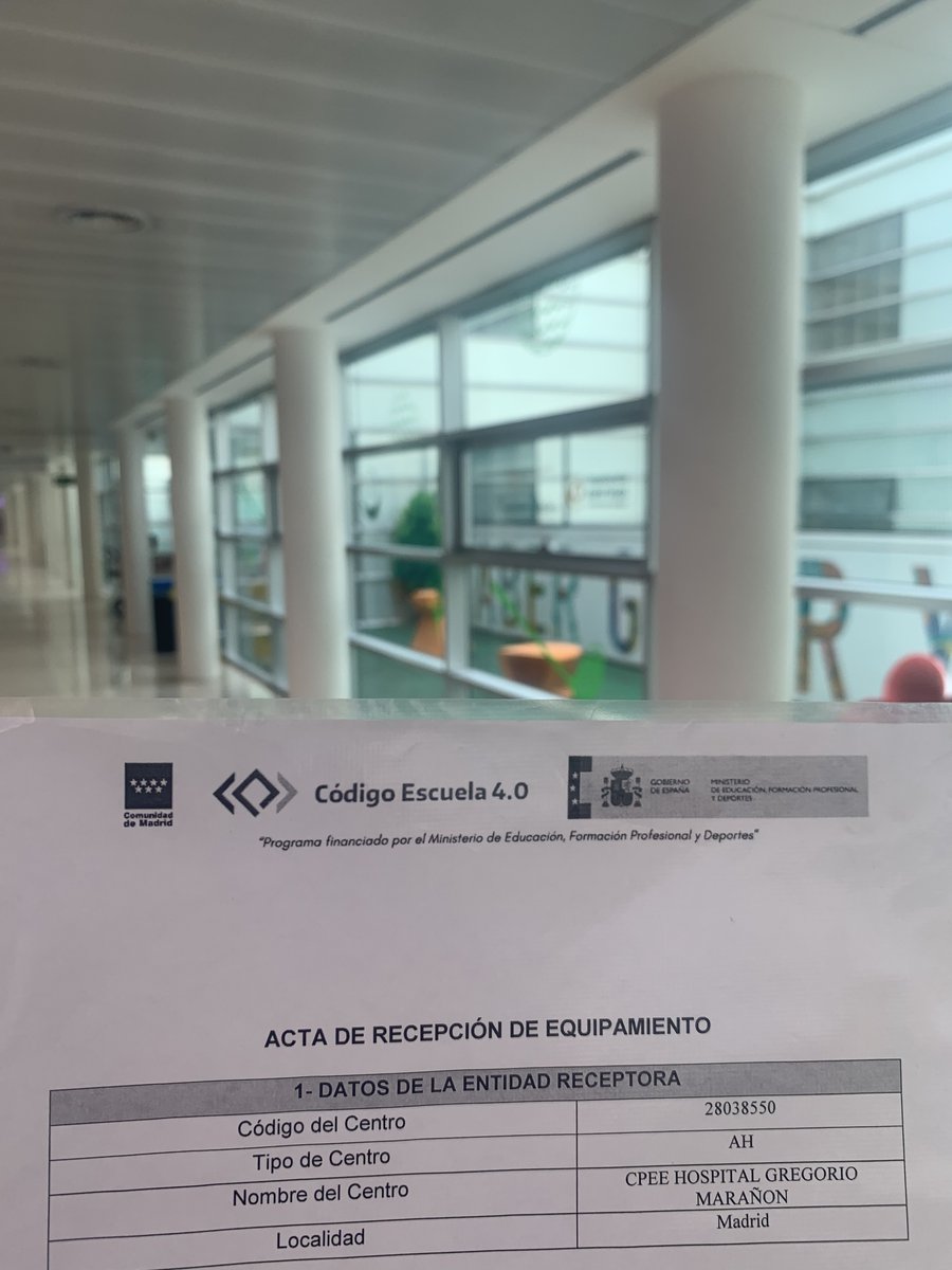 Las aulas hospitalarias del Hospital Niño Jesús y del Hospital Gregorio Marañon ya tienen todos sus dispositivos Escuela 4.0. ¡Resaltar el compromiso de sus docentes y equipos directivos con las capacitaciones que han realizado en tiempo récord! #códigoescuela4_0_Madrid