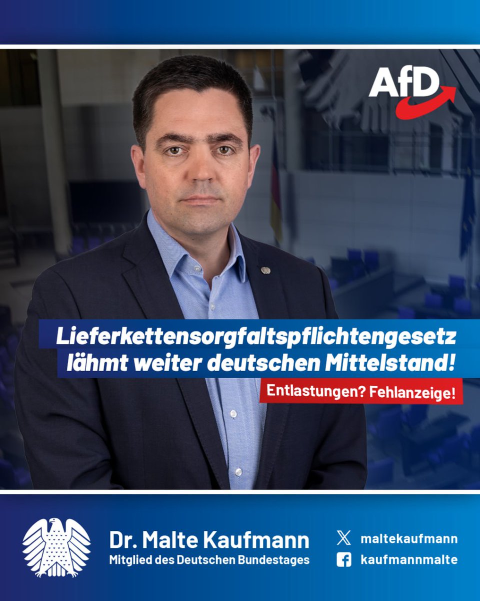 Koalition BLOCKIERT Abschaffung des #Lieferkettensorgfaltspflichtengesetzes!

Die Ampel-Nachfolge aus #Union und #SPD verhindert Mehrheiten für zwei zentrale #AfD-Anträge zur Entlastung unserer Wirtschaft im Ausschuss für Arbeit und Soziales – obwohl selbst der Koalitionsvertrag