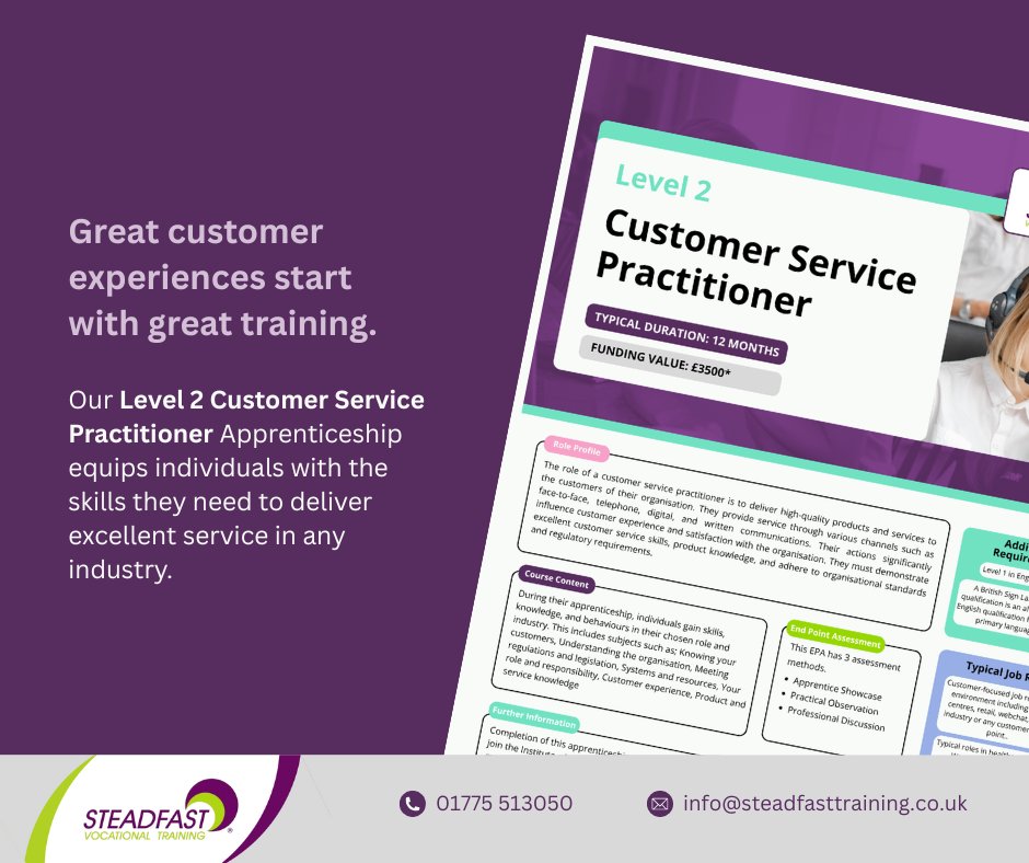 💼 Want to boost front-line performance?

Train staff with our Level 2 Customer Service Practitioner Apprenticeship.

📩 Ready to elevate your customer service team?
👉 Visit steadfasttraining.co.uk
📞 Call us on 01775 513050