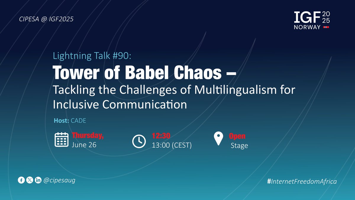 CIPESA (@cipesaug) on Twitter photo 🕑Happening Now:
Lightning Talk #90 at #IGF2025.
Tower of Babel Chaos by <a href="/CADE_project/">CADE - Civil Society Alliances for Digital Empower</a> . Just like the tower of Babel, global inclusion to international processes is hindered by linguistic diversity.
📺Join the event live here: tinyurl.com/bdcpdpny
#InternetFreedomAfrica 🕑Happening Now:
Lightning Talk #90 at #IGF2025.
Tower of Babel Chaos by <a href="/CADE_project/">CADE - Civil Society Alliances for Digital Empower</a> . Just like the tower of Babel, global inclusion to international processes is hindered by linguistic diversity.
📺Join the event live here: tinyurl.com/bdcpdpny
#InternetFreedomAfrica