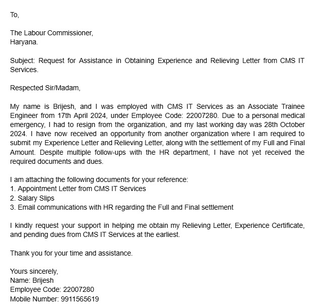 kohlihoney119's tweet image. @LabourDeptHR @AdvisorLaborLaw
I worked at CMS IT Services (Emp Code: 22007280) from 17-Apr-2024 to 28-Oct-2024. Despite many follow-ups, I haven’t received my experience &amp;amp; relieving letter or full &amp;amp; final amount. Kindly help me resolve this.
#LabourHelp #Haryana