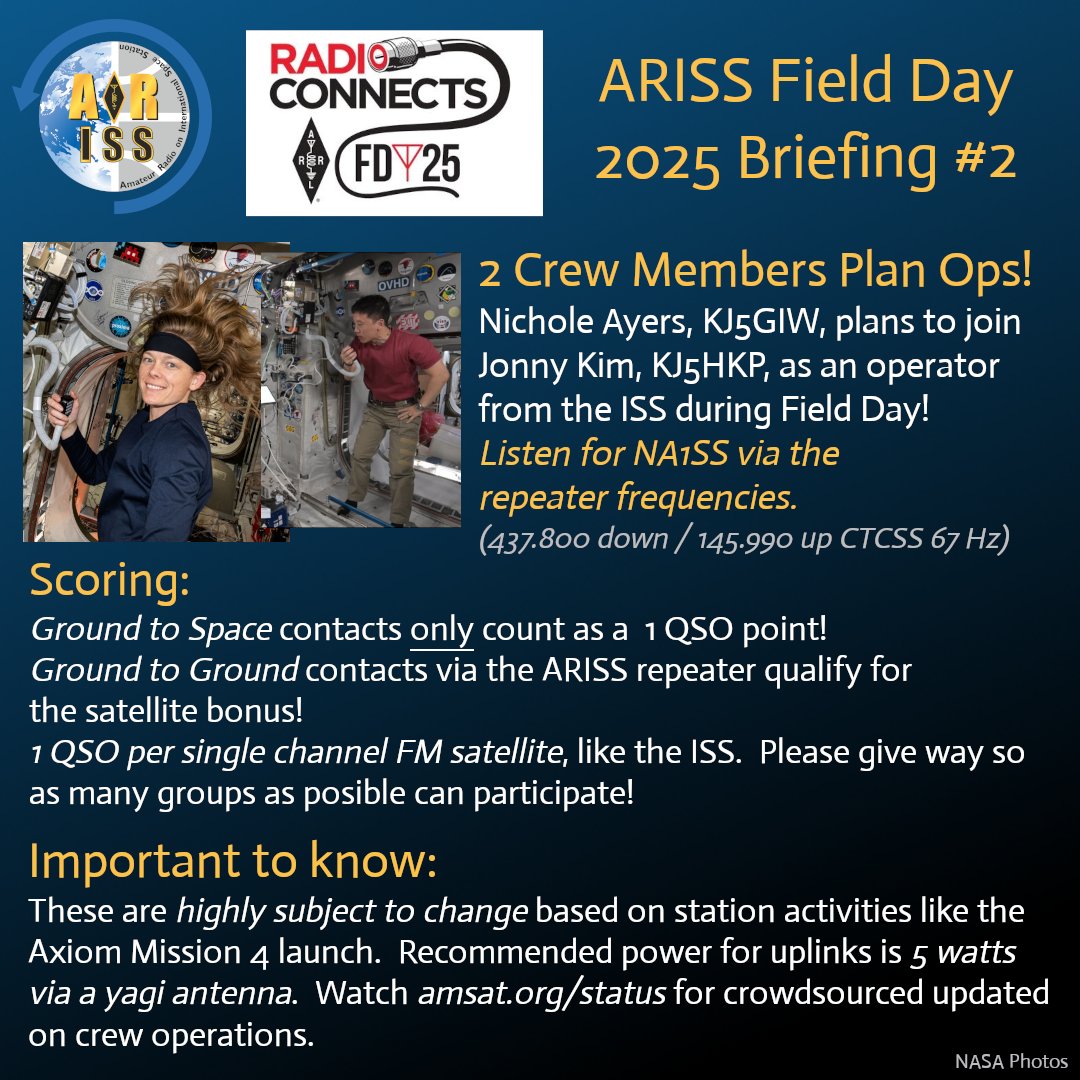 More crew members are catching the <a href="/arrl/">ARRL</a> Field Day bug!  <a href="/Astro_Ayers/">Nichole “Vapor” Ayers</a> has told the team she plans to operate this weekend as well.

She and <a href="/JonnyKimUSA/">Jonny Kim</a> are getting tips from <a href="/astro_kjell/">Kjell Lindgren</a> who participated from the ISS in 2022... how great is that to have an astronaut elmer?!