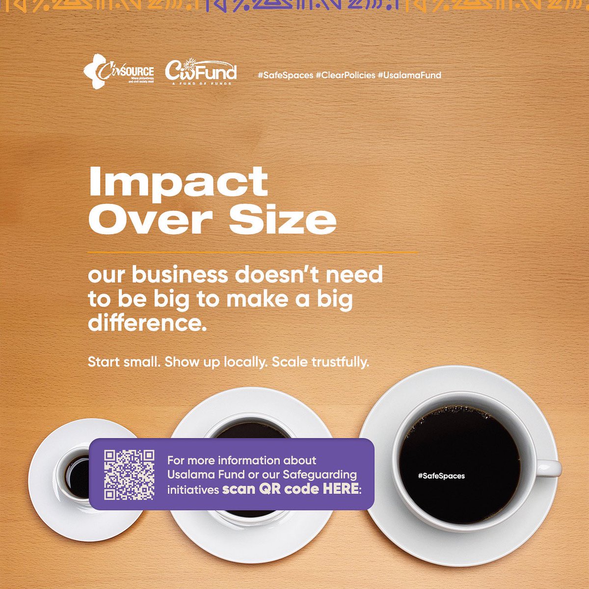 🦺📑 Impact Over Size!💪🏾
#SafeSpaces
 
“Your business doesn’t need to be big to make a big difference.” – Original
 
Local impact is global impact in disguise.
 
Start small. 🫷🏾Show up locally.🫷🏾 Scale trustfully.🫶🏾

ℹ️: 🔗civsourceafrica.com/usalama-fund
 
#SafeSpaces #SafetyFirst