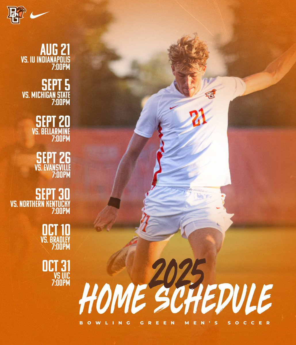 BGSU Men's Soccer (@bgsumsoccer) on Twitter photo MARK YOUR CALENDARS! 🗓️
Here is the men’s soccer Fall 2025 game schedule.
We are excited for another season of great competition, and hope to have the #1 fans in the <a href="/MVCsports/">Missouri Valley Conference</a> backing us up from the stands like always!
See you all there!
#GoFalcons #AyZiggy 🟠🟤 MARK YOUR CALENDARS! 🗓️
Here is the men’s soccer Fall 2025 game schedule.
We are excited for another season of great competition, and hope to have the #1 fans in the <a href="/MVCsports/">Missouri Valley Conference</a> backing us up from the stands like always!
See you all there!
#GoFalcons #AyZiggy 🟠🟤