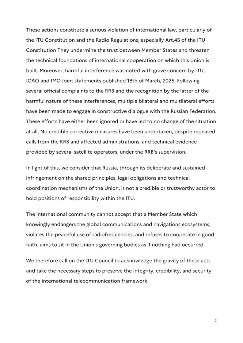 France ONU Genรจve ๐ซ๐ท๐บ๐ณ (@franceonugeneve) on Twitter photo France and 29 countries are deeply concerned by the ongoing deliberate interferences, originating from Russia's territory, on satellite communications and RNSS disrupting aviation, maritime navigation & civilian services.
We call on the <a href="/ITU/">Intโl Telecommunication Union</a> Council to take the necessary steps. France and 29 countries are deeply concerned by the ongoing deliberate interferences, originating from Russia's territory, on satellite communications and RNSS disrupting aviation, maritime navigation & civilian services.
We call on the <a href="/ITU/">Intโl Telecommunication Union</a> Council to take the necessary steps.