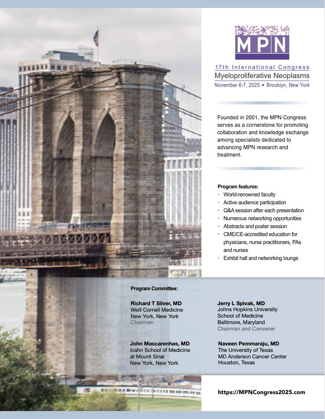 Learn more about the 17th International Congress on Myeloproliferative Neoplasms! 
➡️bit.ly/2025MPNCongress
#MPNCongress2025 #MPNsm #Myelofibrosis #MyeloproliferativeNeoplasms #CME #CE #Abstracts #PosterSession