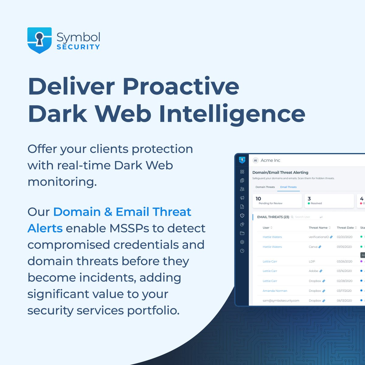 Symbol_Security's tweet image. #MSSPs: Stop playing defense.
Symbol Security's Domain & Email Threat Alerts let you offer clients proactive Dark Web intelligence, detecting compromised credentials and spoofed domains before attacks happen.🛡️
Contact us 🔗 hubs.ly/Q03s4Zkq0
#MSSP #DarkWebMonitoring