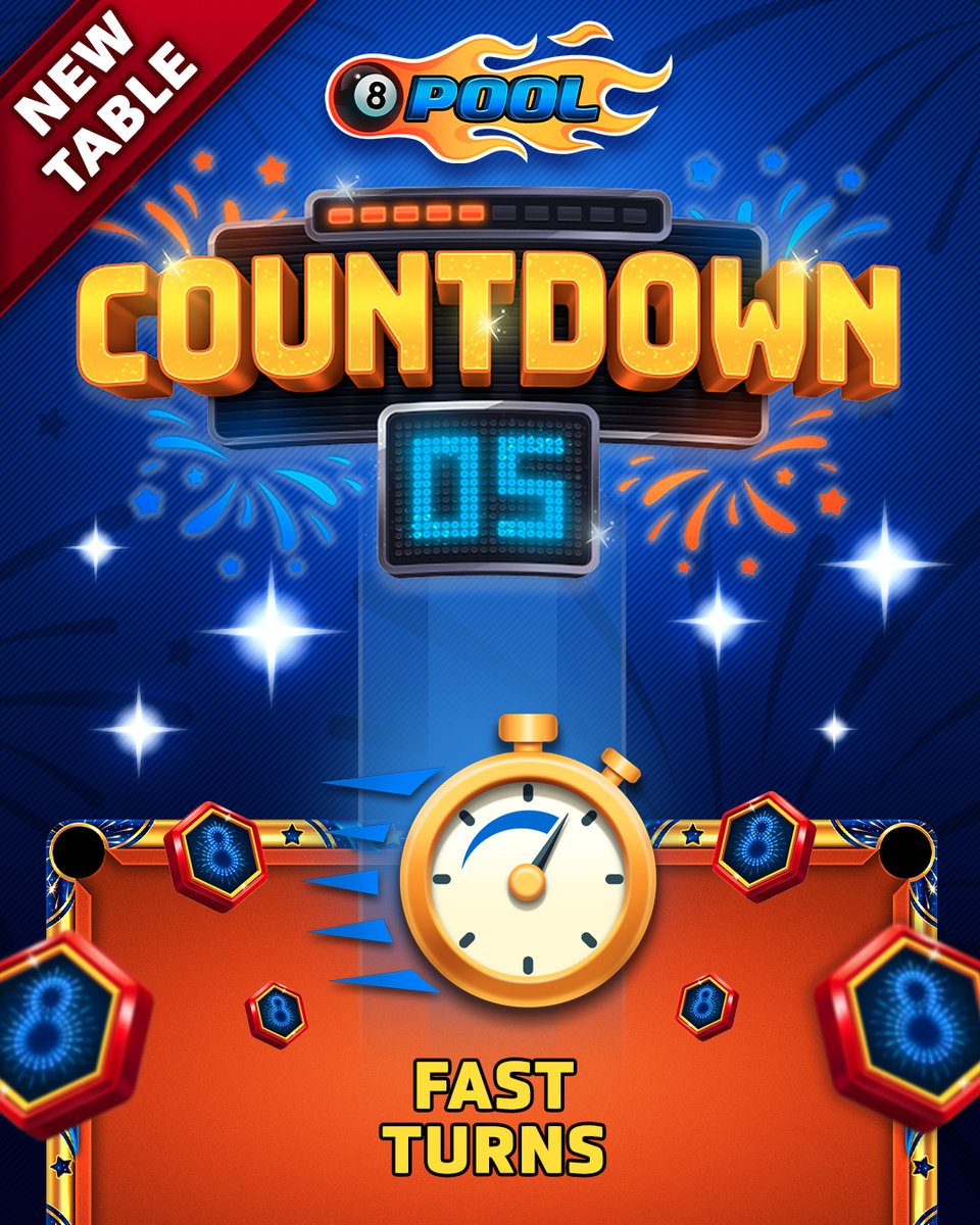 8ballpool's tweet image. NEW #CountdownTable 5️⃣ ✨ 🎱

🎁 Master #FastTurns to win extra #FireworksTokens for your choice of rewards

⏳ Available for 24 hours only
🗓️ Ends Fri June 27, 10am UTC

Learn More » mcgam.es/pfd4mh

#8BallPool