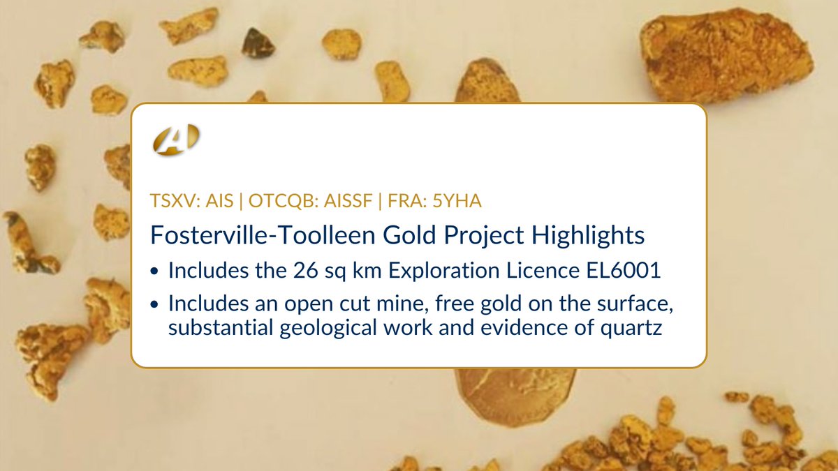 Fosterville-Toolleen Gold Project 📍 Australia

✅ Includes the 26 sq km Exploration Licence EL6001
✅ Includes an open cut mine, free gold on the surface, substantial geological work and evidence of quartz.

🔗 stockmkt.info/45FIzgP 
🇨🇦 $AIS | 🇺🇸 $AISSF | 🇩🇪 FRA: 5YHA
