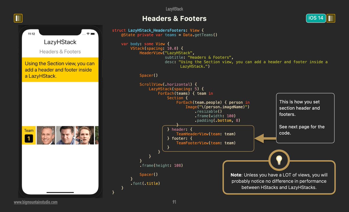 BigMtnStudio's tweet image. ❓How do I add headers and footers to a Section in SwiftUI?
💡Use LazyHStack with section modifiers - specify header and footer views like TeamHeaderView and TeamFooterView for customized sections.
👉Free #SwiftUI picture book at bigmtn.studio