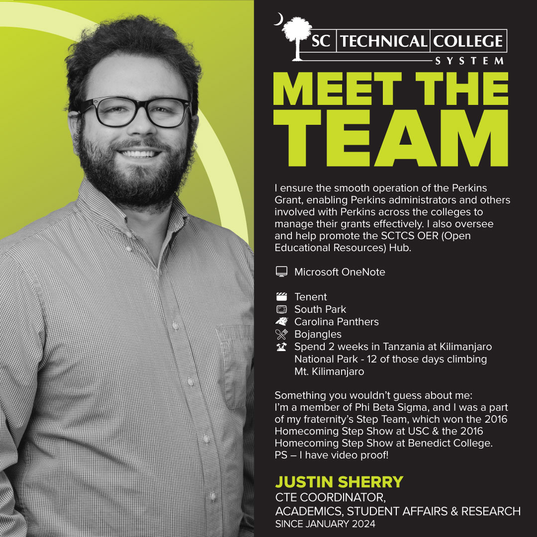 It’s our people who set us apart. Meet the talented team ensuring affordable, accessible, and relevant career and technical education for all South Carolinians!

Presenting CTE Coordinator for Academics, Student Affairs &amp; Research, Justin Sherry.

#MeetTheTeam
