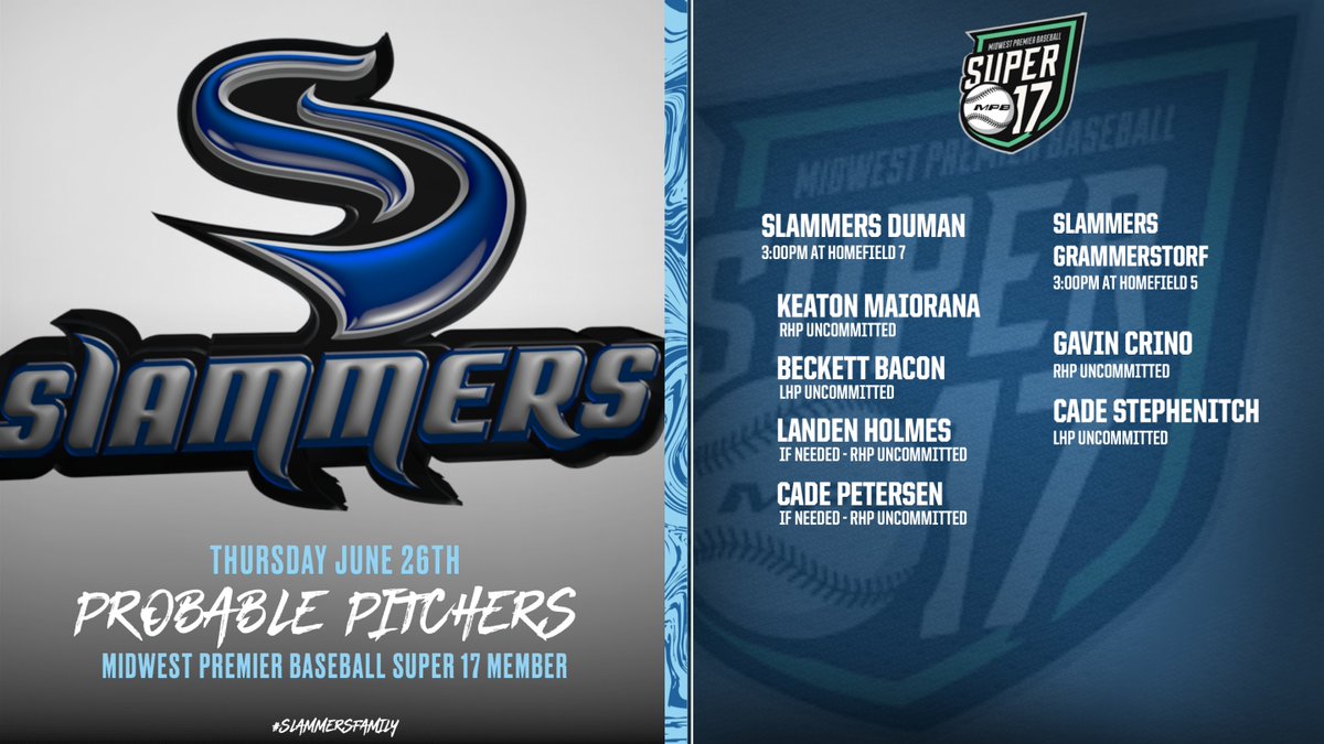 Probable Pitchers on Thursday in KC! Come check out some really talented uncommitted dudes. #SlammersFamily