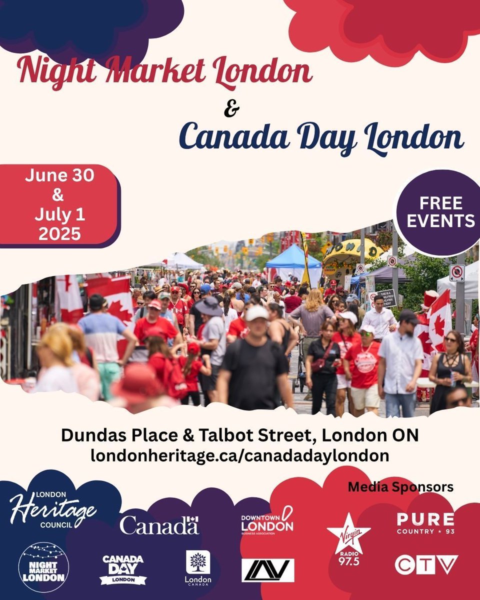 Downtown London is coming alive this summer — and you’re invited! 🎉

🌙 Night Market London – June 30
🎇 Canada Day London – July 1

🎶 Music
🛍️ Vendors &amp; food trucks
👨‍👩‍👧‍👦 Family fun
🎆 Fireworks

It’s all free. It’s all for you.
📍 Find the details: londonheritage.ca/canadadaylondon