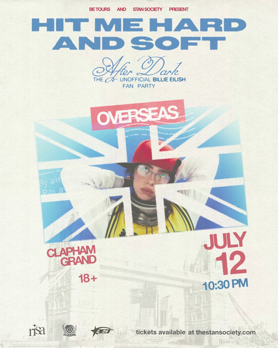 Billie Eilish Tours (@billieeilishtrs) on Twitter photo You asked… We listened! 🇬🇧
We are hosting our FIRST international ‘HIT ME HARD AND SOFT: AFTER DARK’ party in LONDONNNN! 💙❤️
On July 12th, join us and <a href="/thestansociety/">stansociety</a> at <a href="/TheClaphamGrand/">The Clapham Grand</a> for an unforgettable evening DJed by the electrifying <a href="/hard222soft/">risa (wriss-uh)</a>! 🇬🇧
Bring your You asked… We listened! 🇬🇧
We are hosting our FIRST international ‘HIT ME HARD AND SOFT: AFTER DARK’ party in LONDONNNN! 💙❤️
On July 12th, join us and <a href="/thestansociety/">stansociety</a> at <a href="/TheClaphamGrand/">The Clapham Grand</a> for an unforgettable evening DJed by the electrifying <a href="/hard222soft/">risa (wriss-uh)</a>! 🇬🇧
Bring your