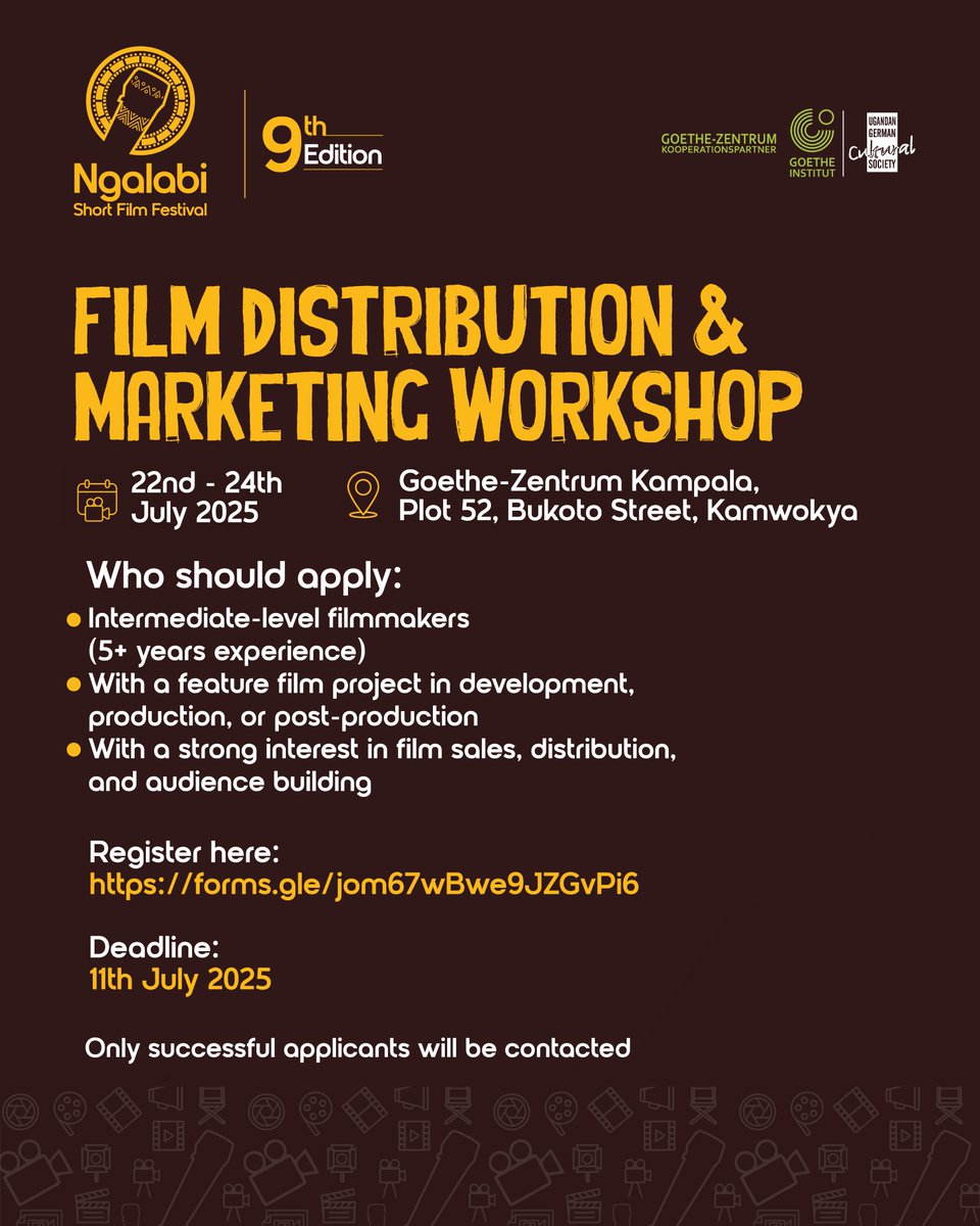 🎬 Filmmakers!
Join our Film Distribution &amp; Marketing Workshop at #NgalabiFilmFestival — July 22–24 at Goethe-Zentrum Kampala.

Level up your skills in film sales, marketing &amp; audience building!
Apply 👉 forms.gle/jom67wBwe9JZGv…
Deadline: July 11

#ngalabi2025