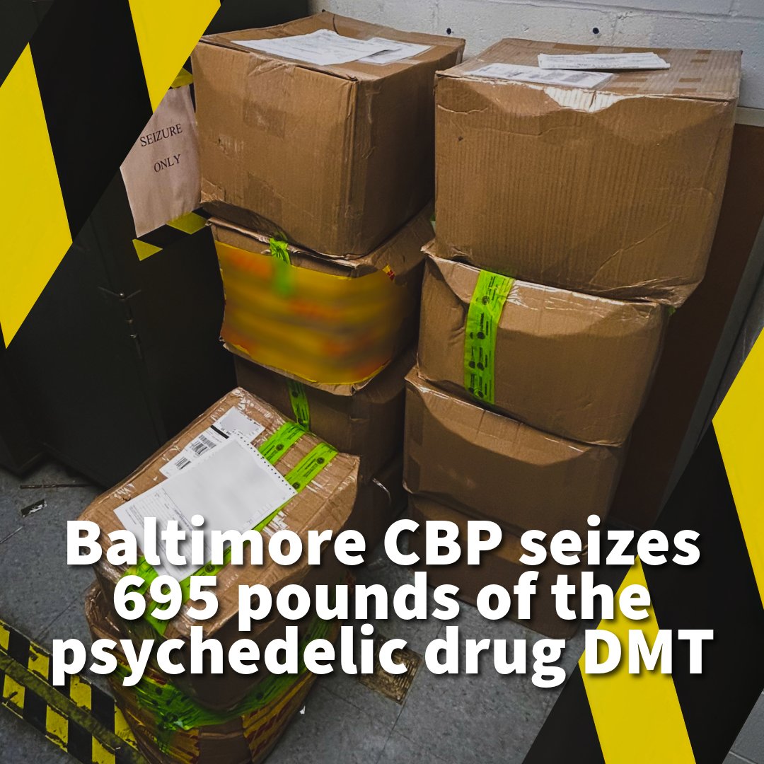 DFOBaltimore's tweet image. CBP Baltimore seized 695 lbs of DMT, a hallucinogen with no approved medical use in the U.S. The Schedule I drug arrived via air cargo from Mexico, destined for Maryland. DMT is known for its LSD-like psychedelic effects. Full story here: go.dhs.gov/wVP #OFOproud馃嚭馃嚥