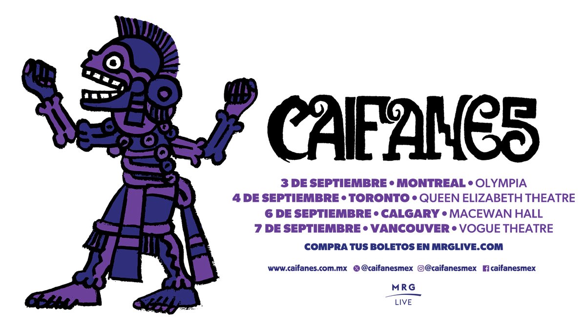 Legendary Mexico City rock band #Caifanes are returning to Canada! See them perform in select Canadian cities this September 🤘 

Presale begins today at 12PM ET with the code "MRGLIVE."

General on sale begins tomorrow at 10AM local time!
🔗: bit.ly/3lcVIcs