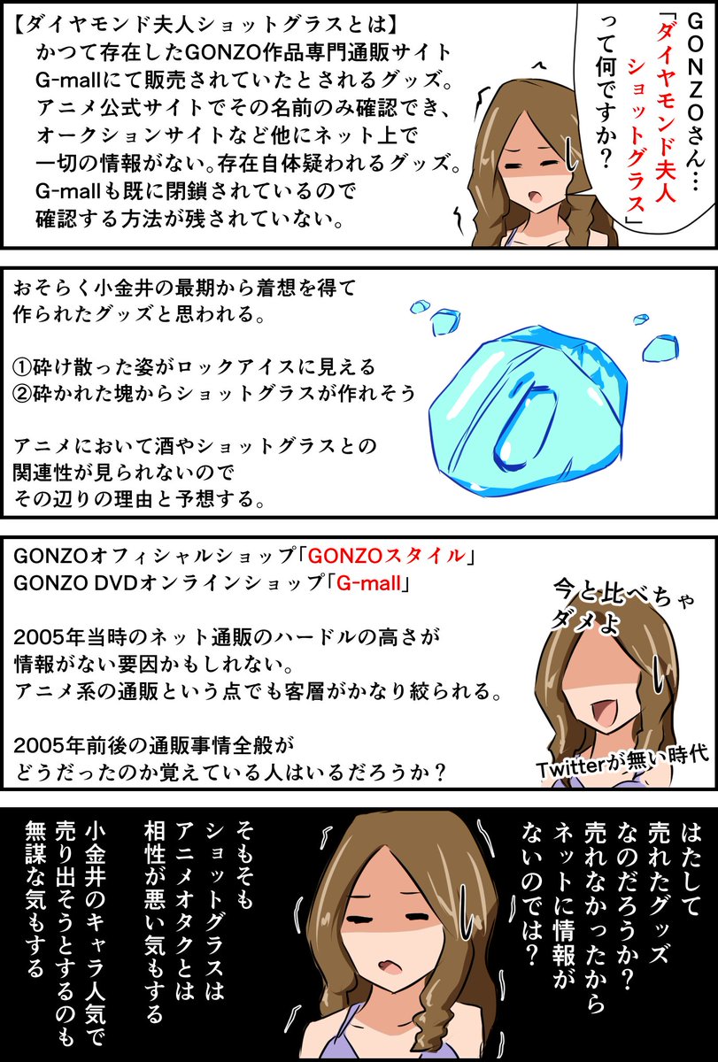 pink_alvida's tweet photo. 「スピードグラファー」20周年おめでとう🥳

良くも悪くも話題になって今も名が残り続けているアニメよん😎

GONZOさん…「ダイヤモンド夫人ショットグラス」って実在するグッズなんですか？😹

#小金井薫 #SPEEDGRAPHER https://t.co/lPwCupn4xr