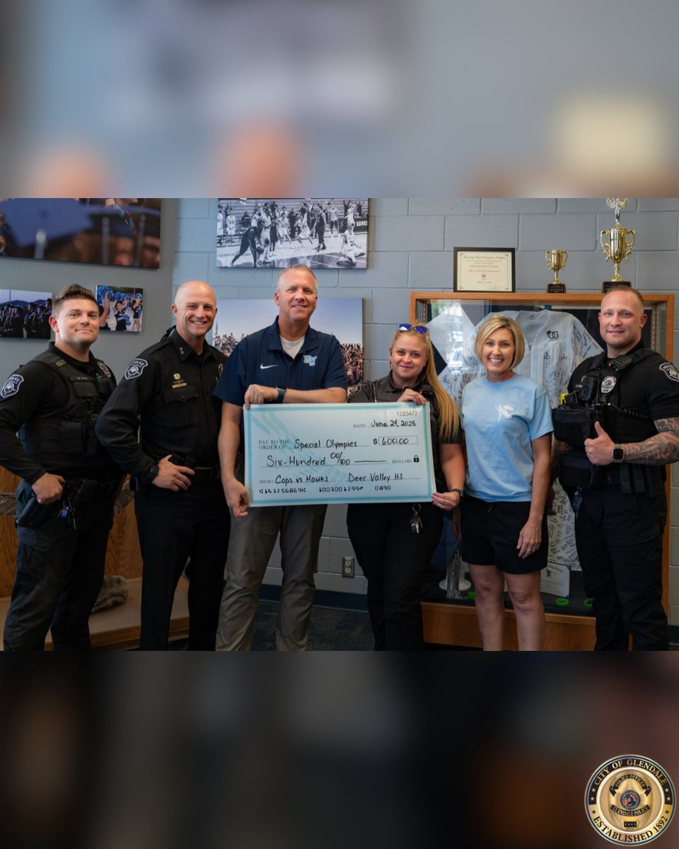 GlendaleAZPD's tweet image. Our 3rd annual Cops vs. Hawks game at DVHS raised funds for @SOArizona through LETR 🏀💙
Students donated $1 to attend the game on April 4th, and this week we returned for a check presentation. Thanks for making this tradition such a success! #GlendaleAZPD #SOAZ #LETR
