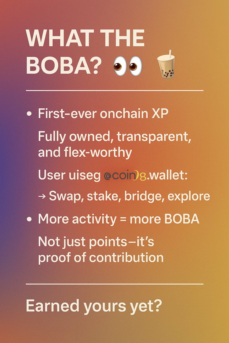 Nobleman67620's tweet photo. What the BOBA? ๐๐ง
First-ever onchain XP
Fully owned, transparent, and flex-worthy
Earn by using @coin98_wallet:
โ Swap, stake, bridge, explore
More activity = more BOBA
Not just points โ itโs proof of contribution
Your Web3 rep, level-up style ๐ ๏ธ๐
#Coin98 #BOBApoints https://t.co/GHJaahvQzt