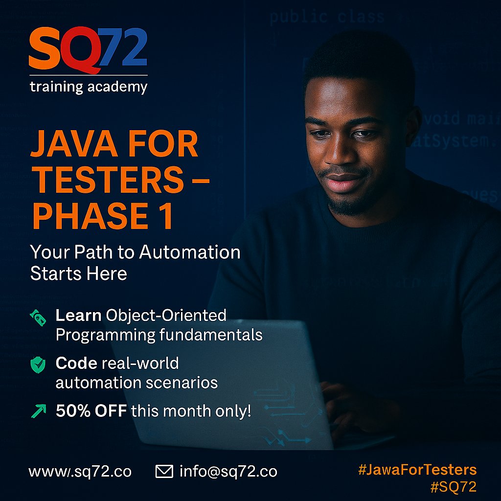 SQ72Testing's tweet image. Phase 1 of your automation path = JAVA mastery.
Learn Java for Testers – the foundation for tools like Selenium, Appium, JUnit.
Live Online | 50% OFF | sq72.co
#JavaForTesters #TestAutomation #SQ72TrainingAcademy