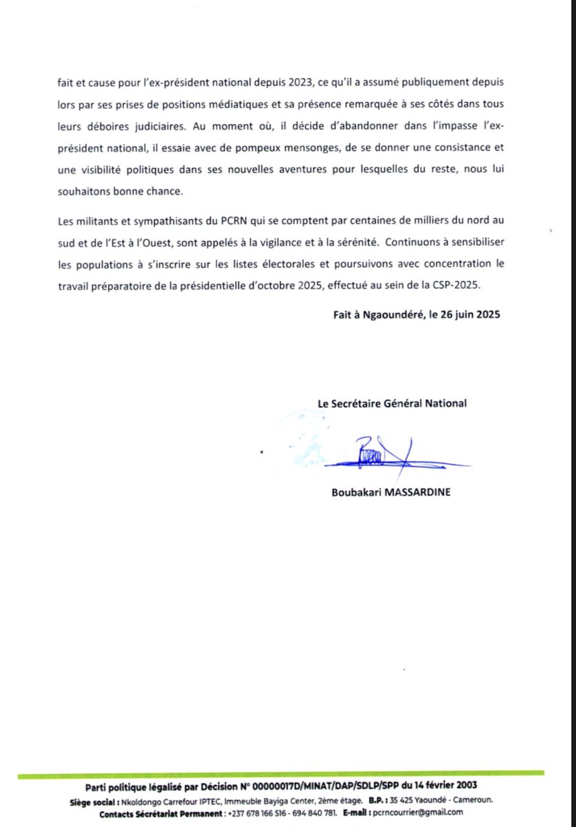 Mise au point du Secrétaire Général National.
