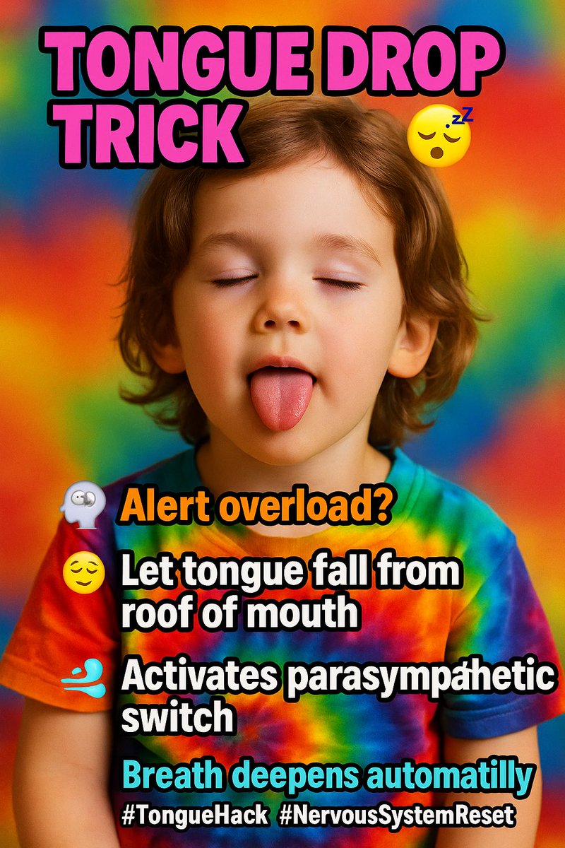 hacks4wellness's tweet image. Tongue Drop Trick 👅💤🧘
 🧠 Alert overload? 👅 Let tongue fall from roof of mouth 😌 Activates parasympathetic switch 🌬️ Breath deepens automatically
 #TongueHack #NervousSystemReset