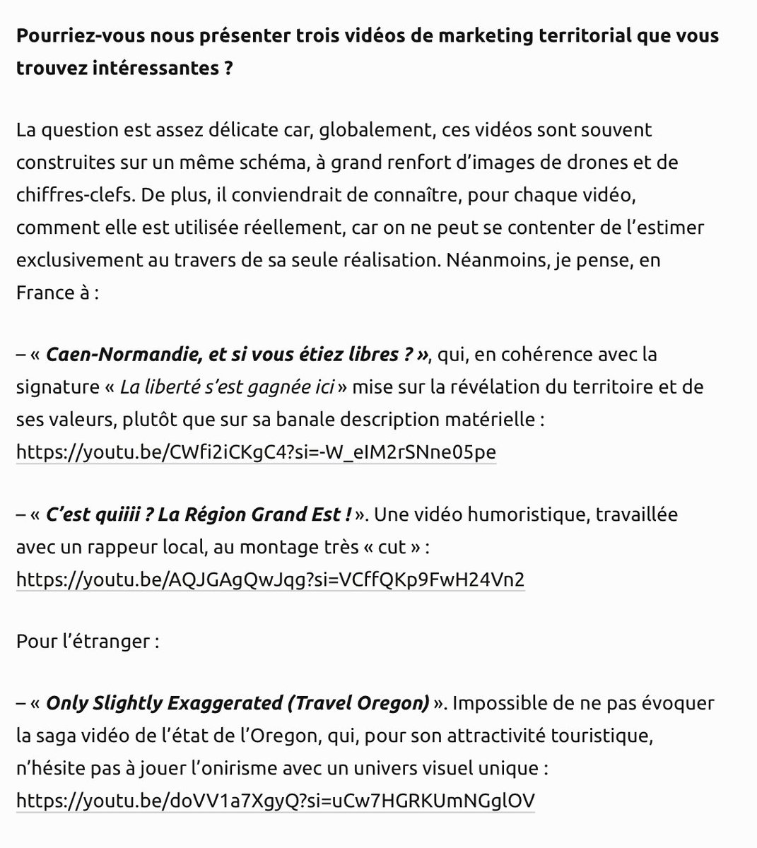 leCCJF's tweet photo. « Caen-Normandie, et si vous étiez libres ? », « C’est quiiii ? La Région Grand Est ! » et « Only Slightly Exaggerated (Travel Oregon) » sont trois vidéos de marketing territorial très réussies selon Marc Thébault. #markterr #compublique https://t.co/5o8MkyX70g