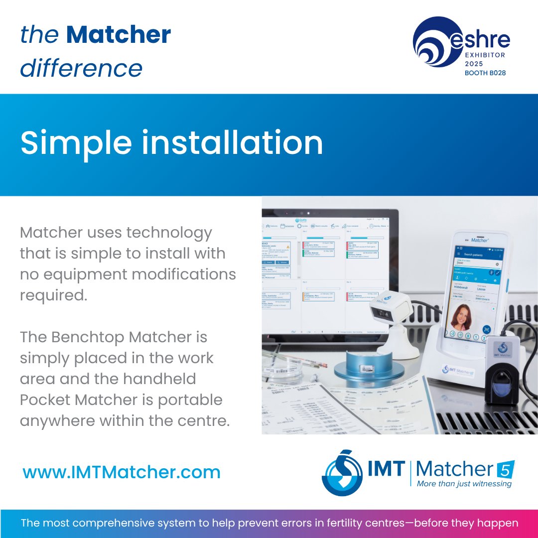 IMT_Matcher's tweet image. Simple to install. Powerful in action.

Matcher is designed to be simple to install, easy to configure &amp;amp; powerful in action.

📍See for yourself at ESHRE Paris (Booth B028) or book an online demo: 
imtmatcher.com/bookademo
#imtmatcher #electronicwitnessing #ivfsoftware #eshre2025