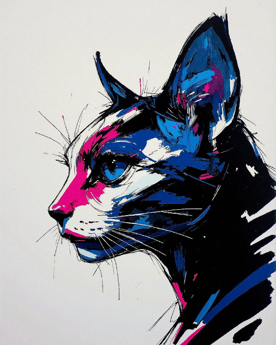 Captivating chaos in Felini the Cat's artwork! Black, vibrant pink, and calming blue explode in a dynamic feline profile. Masterful ink work brims with movement and emotion, balancing wild instinct with delicate vulnerability. #FelineArt #CatPainting #InkDrawing
