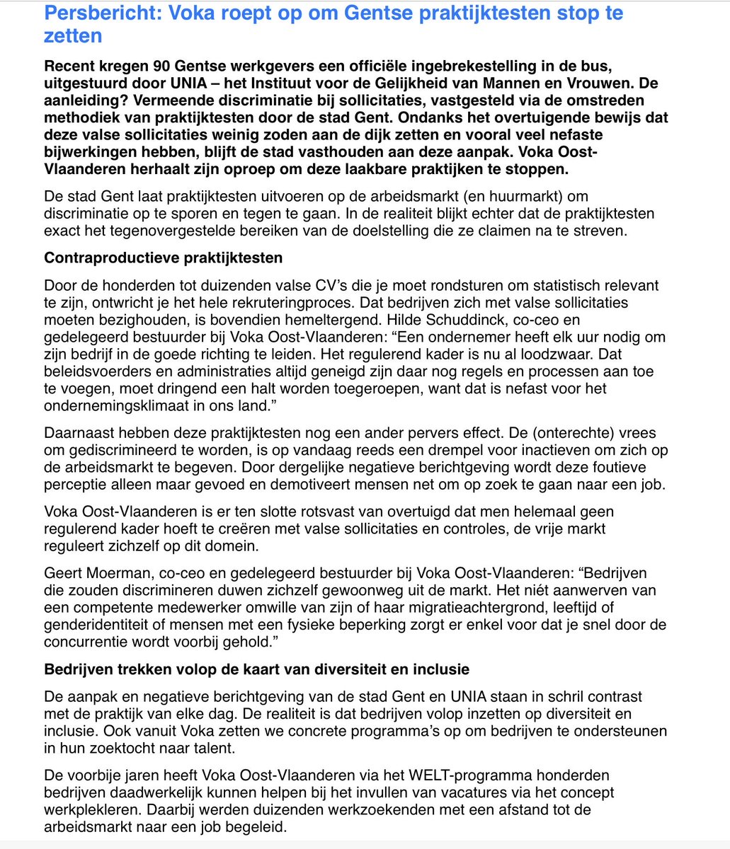 Persbericht ⁦<a href="/VOKA_OVL/">Voka Oost-Vlaanderen</a>⁩ : 

Voka roept op om Gentse praktijktesten stop te zetten 

⁦<a href="/Stadgent/">Stad Gent</a>⁩ #Unia