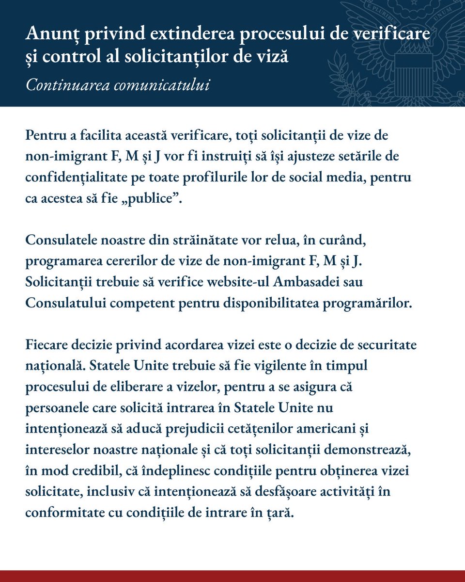U.S. Embassy Bucharest (@ambasadasua) on Twitter photo Anunțul din partea <a href="/StateDept/">Department of State</a> privind extinderea procedurilor de verificare și control pentru solicitanții de viză.⬇️ Anunțul din partea <a href="/StateDept/">Department of State</a> privind extinderea procedurilor de verificare și control pentru solicitanții de viză.⬇️