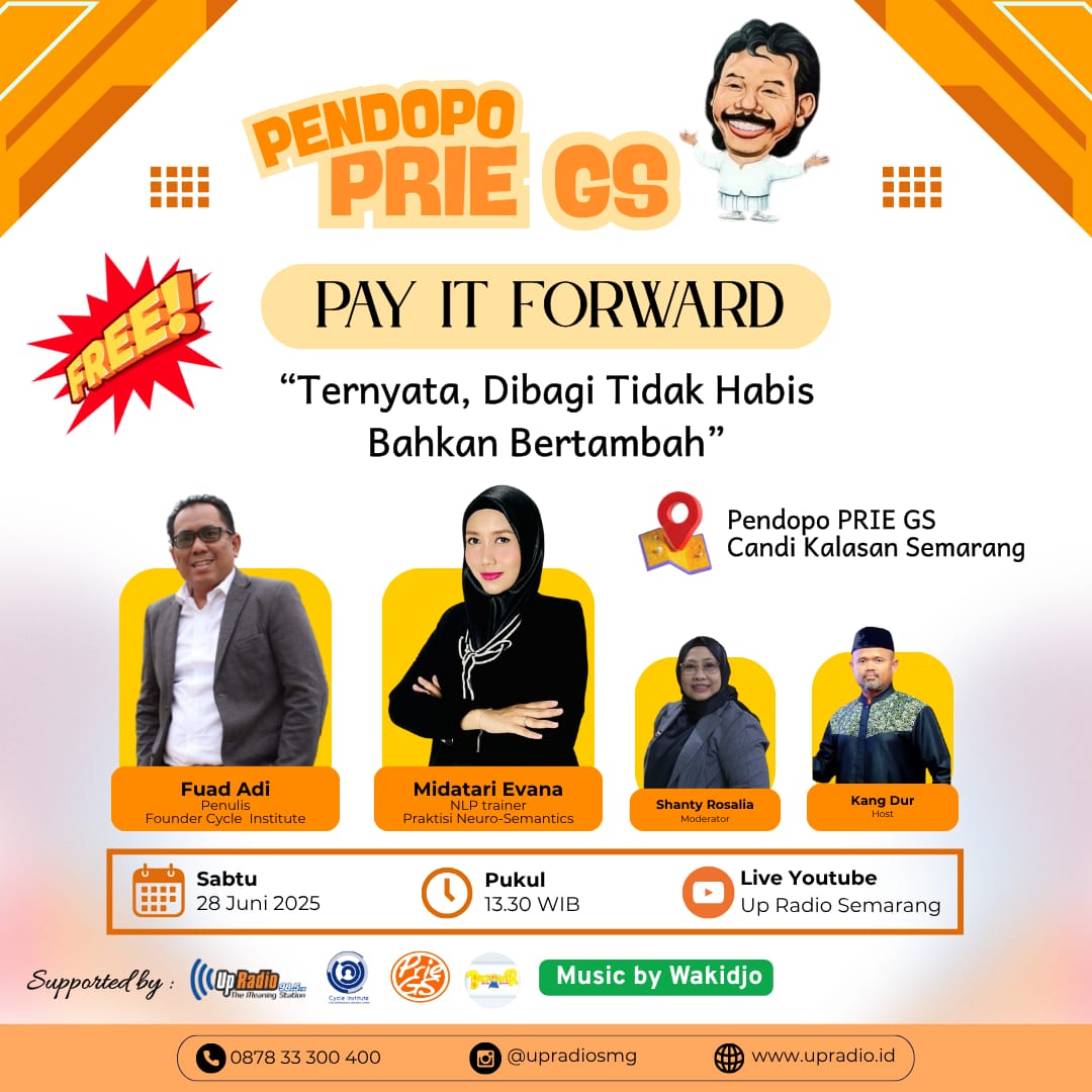Alhamdulillah sampai sekarang Pendopo Prie GS masih dihidupkan oleh rekan-rekan dari Almarhum Prie GS.
Silahkan yang ingin datang dan berdiskusi bersama. Acara yang diadakan oleh Upradio ini gratis, langsung datang saja ke lokasi. 

(Alamat ada di google map: Pendopo Prie GS)
