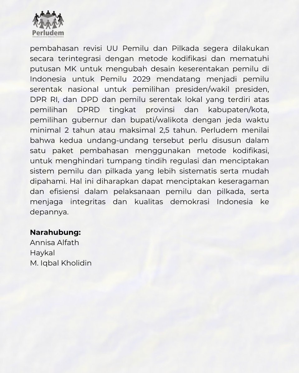 perludem's tweet image. DPRD Provinsi, DPRD Kabupaten/Kota, Gubernur, Bupati/Walikota yang diajukan oleh Perludem. Putusan ini menegaskan kedudukan hukum yang jelas tentang pembentukan sistem pemilu yang lebih efektif dan berkelanjutan.

#Perludem #PutusanMK 

(2/2)
