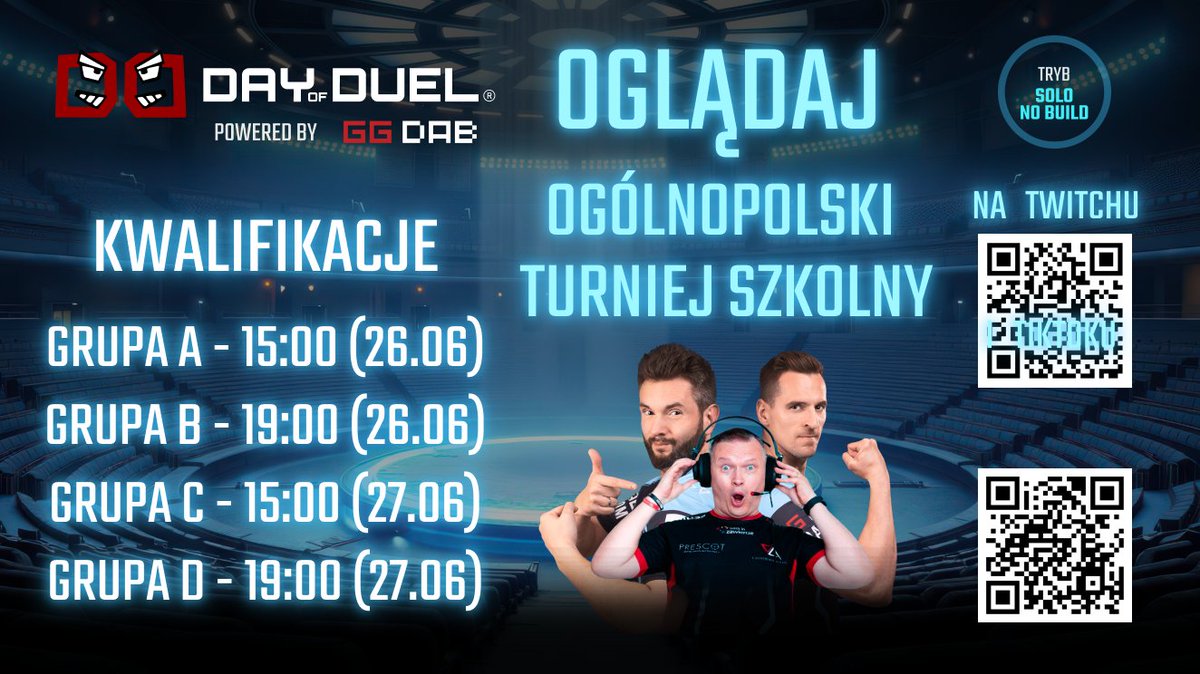 🎮 Kwalifikacje do Ogólnopolskiego Turnieju Międzyszkolnego Solo No Build trwają w najlepsze!

Nie przegap ani sekundy, wpadaj na nasze streamy na TikToku i Twitchu, gdzie czeka na Ciebie masa emocji, rywalizacja na najwyższym poziomie i… świetna atmosfera!

🎙️ Nasi prowadzący
