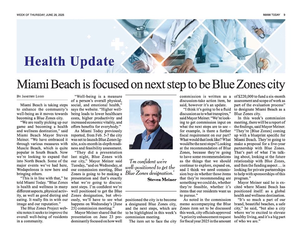 StevenMeiner's tweet image. Miami Beach is flexing to become a global fitness capital, and we are embracing wellness as a core part of who we are. Follow our journey as we take steps toward Blue Zones certification in the latest edition of Miami Today.
