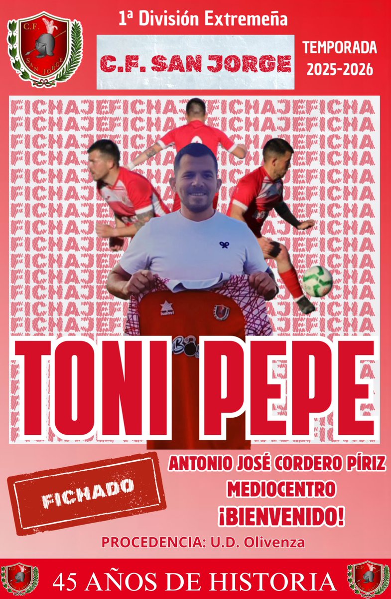 FICHAJE 🔴⚪

Toni Pepe regresa a casa tras varias temporadas, y volverá a defender nuestros colores.

Jugador con calidad, garra y jerarquía.

¡Bienvenido <a href="/toni_pepe_10/">toni pepe</a> 👋🏼!

Aúpa San Jorge 🔴⚪