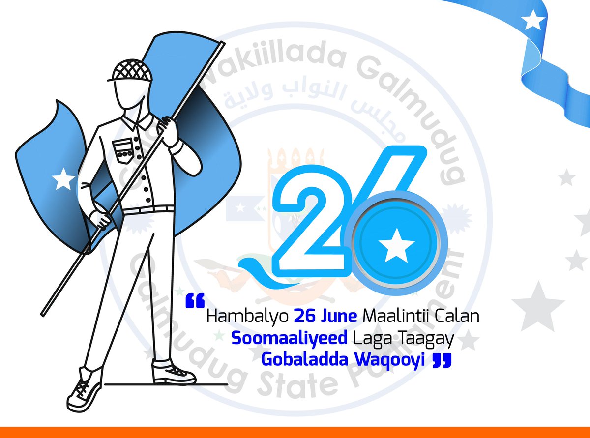 Galmudug State Parliament (@baarlamaankadgg) on Twitter photo The Speaker of the Galmudug State Parliament Dr. <a href="/gacal_39/">Mohamed Gacal</a> has congratulated the Somali people, public institutions, and communities of Galmudug on the occasion of the 65th anniversary of the first time the Somali flag was raised across Somalia on June 26, 1960. The Speaker of the Galmudug State Parliament Dr. <a href="/gacal_39/">Mohamed Gacal</a> has congratulated the Somali people, public institutions, and communities of Galmudug on the occasion of the 65th anniversary of the first time the Somali flag was raised across Somalia on June 26, 1960.