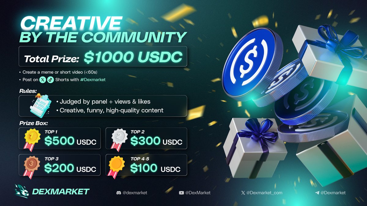 Dexmarket_com's tweet photo. ✨ Creative by the Community is live!
Ready to show your creativity?

✅ Create a meme or short video (<60s) about Dexmarket
✅ Post it on X / TikTok / YouTube Shorts
✅ Don’t forget to tag #dexmarket
✅ Judged by creativity + views & likes

🔥 Go viral, be bold, stand out!
Join here 👉 https://t.co/y1uw7jmMhf

#Dexmarket #community #airdrop #meme #event