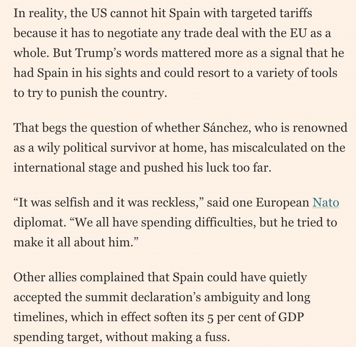 "The [#NATO] clash in The Hague came as [#Spain’s Pedro] Sánchez was weakened at home by a swirl of corruption scandals, which include his wife and brother as well as two former right-hand men accused of taking kickbacks on public contracts."