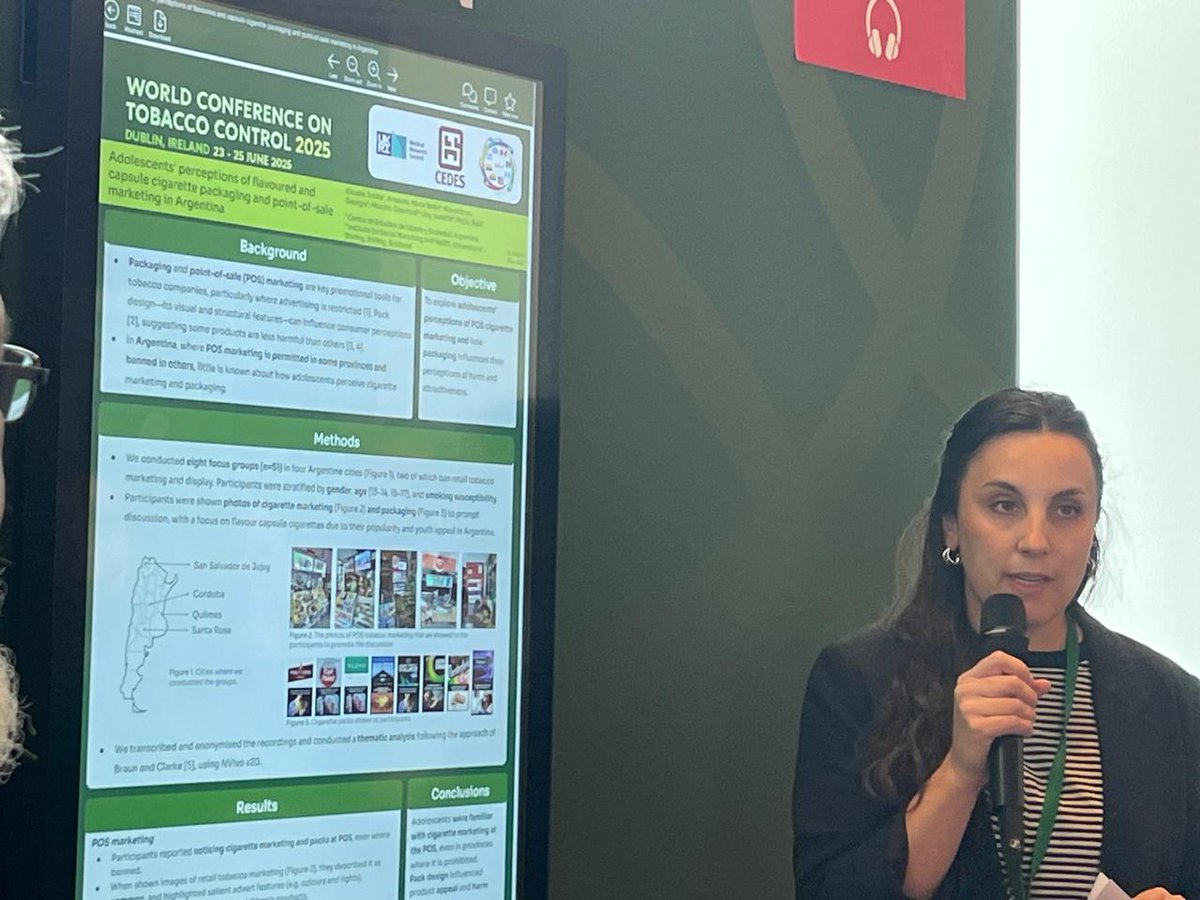 Emilia Elicabe delivered a great poster presentation at the World Conference on Tobacco Control 2026 in Ireland as part of the REMAP project. The poster presentation focused on how adolescents in Argentina perceive cigarette packaging and point-of-sale advertising.