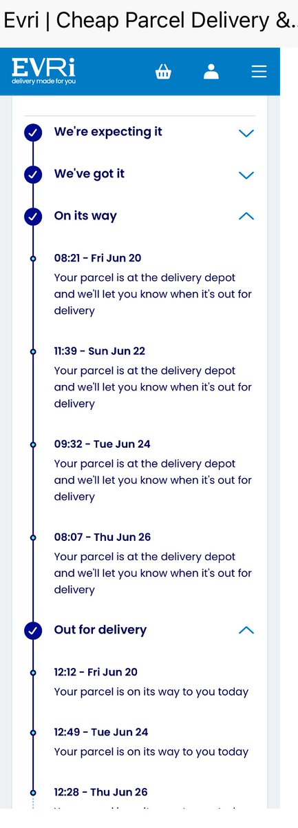 ShaunRoster's tweet image. ‘On its way’ 4 times and ‘Out for delivery’ 3 times in 6 days. CHEAP for good reason .. because @evrisupportline you are utterly diabolical. Let’s hope you’ll pull this one out of the bag so you don’t loose 3 out of 6 deliveries in 12 months!!  💩📦🚚👎 #evri #worstever