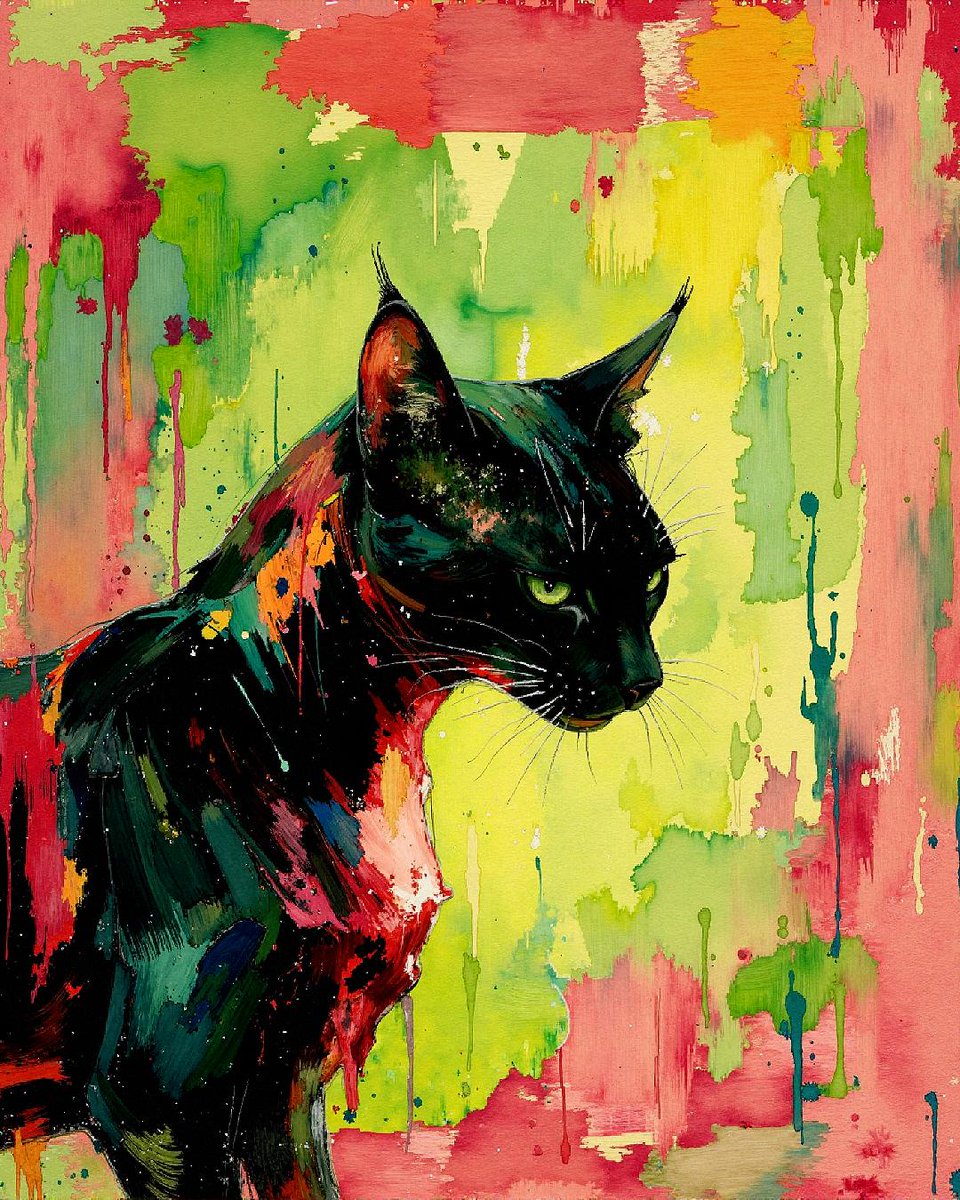 Lost in thought, bold emotion and color! Dynamic crimson, emerald, and lime capture intense introspection. Rich textures and expressive strokes invite you to ponder the cat's mysterious gaze. A must-have for art and cat lovers! #BlackCatArt #FelineArt #AnimalPainting