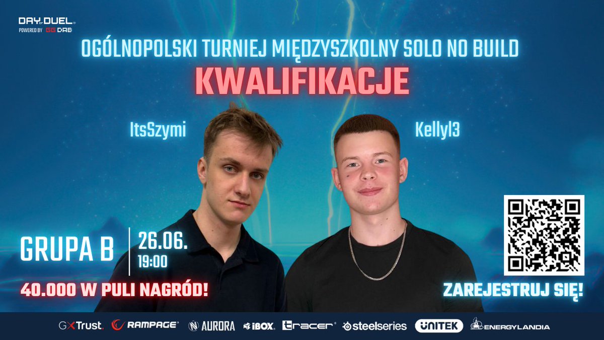 🎬 Dziś o 19:00, wielkie emocje na żywo!
Kwalifikacje Grupy B do Ogólnopolskiego Turnieju Międzyszkolnego Solo No Build poprowadzą <a href="/ItsSzymi/">Szymek</a>  i <a href="/kellyfn13/">Kellyl3</a>! 🎤🎮 Duet, który zna Fortnite od podszewki i gwarantuje świetną atmosferę oraz masę emocji! 🔥 Jeśli chcecie poczuć klimat